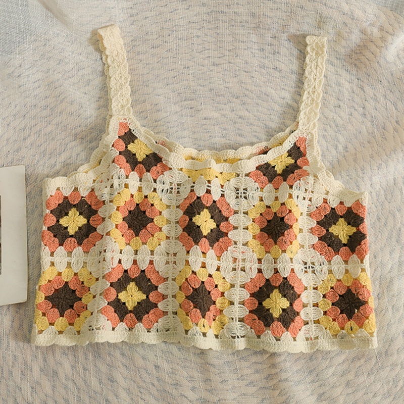 Brroa Áo Croptop Dệt Kim Không Tay Khoét Rỗng Họa Tiết Hoa Màu Sắc Tương Phản Phong Cách Boho Cho Nữ Sw