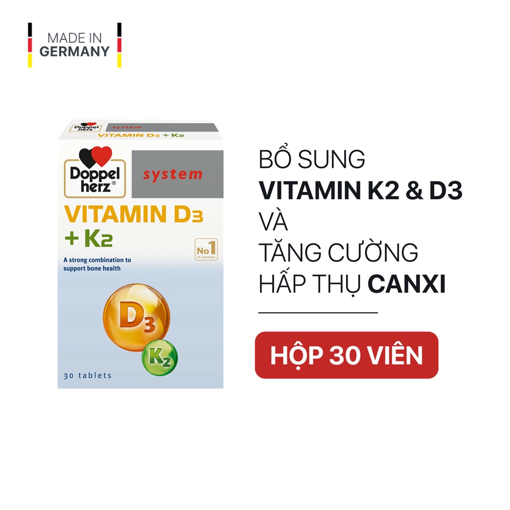 Viên Uống Vitamin D3 Doppelherz Vitamin D3 + K2 Giúp Tăng Cường Hấp Thu Canxi &amp; Giảm Nguy Cơ Loãng Xương (Hộp 30 viên)