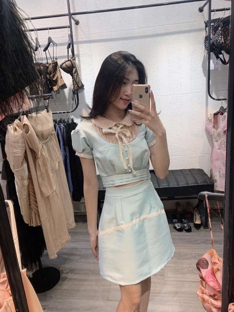 Set tafta dáng babydoll áo tay bồng xanh ngọc + chân váy chữ A  chuẩn hàng thiết kế