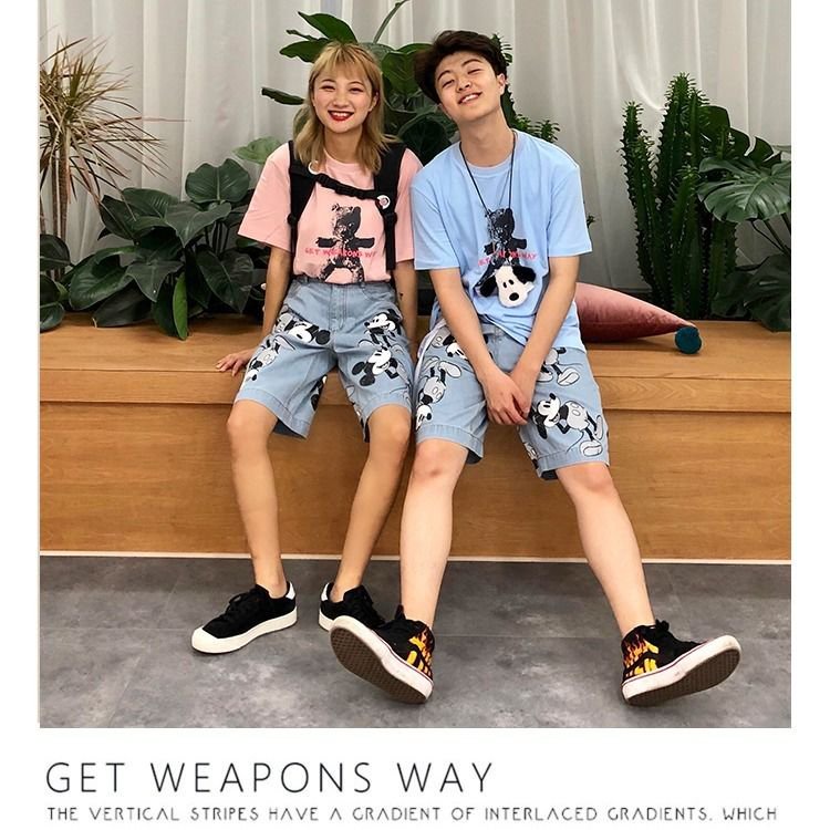 Summer Korean Style Cartoon Printed Mickey Denim Shorts Couple Loose High Waist Straight Wide Leg Cropped Pants for Men and Women