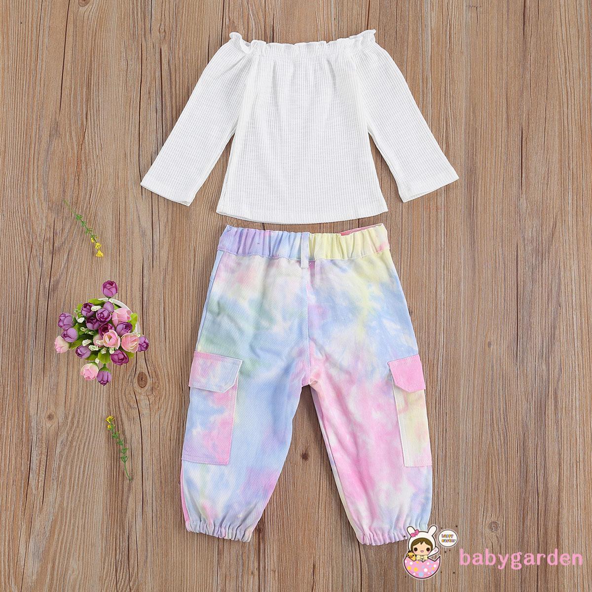 Bộ áo cổ thuyền tay dài sọc gân co giãn màu trơn kèm quần dài da beo/rằn ri/tie-dye dáng rộng có túi lớn cho bé gái