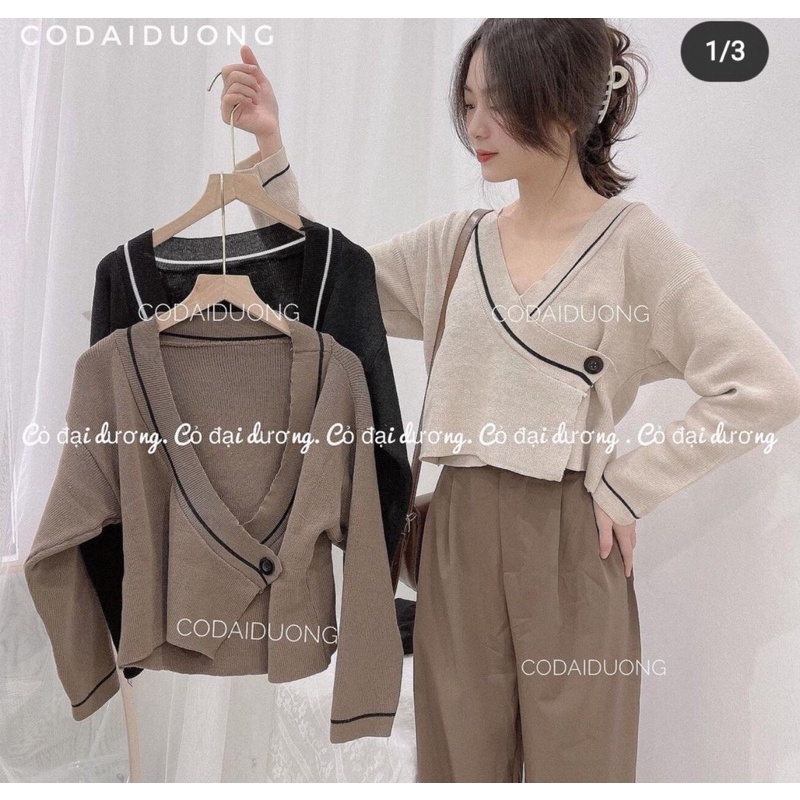 Áo len croptop tay dài cài nút lệch