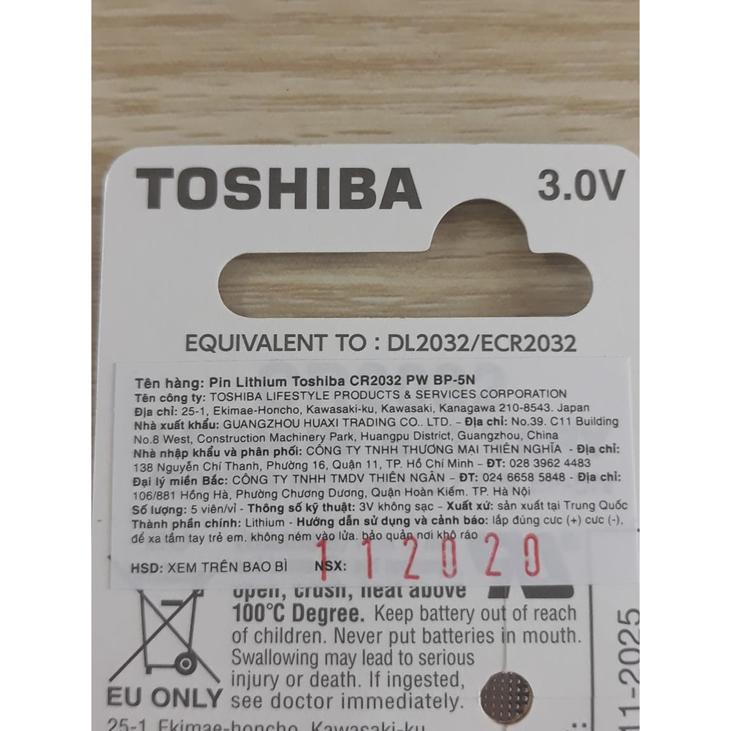 Pin tròn Toshiba CR2032 (3 Vol)- Chính hãng- 19.000/Viên