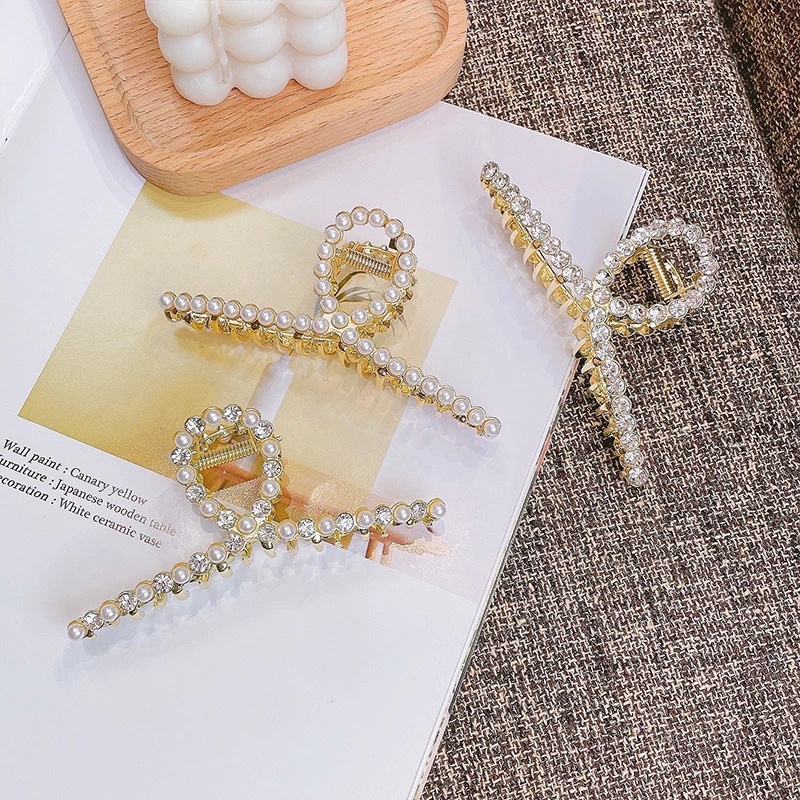 Kẹp tóc kim loại đính đá ngọc trai đơn giản sang trọng cho nữ