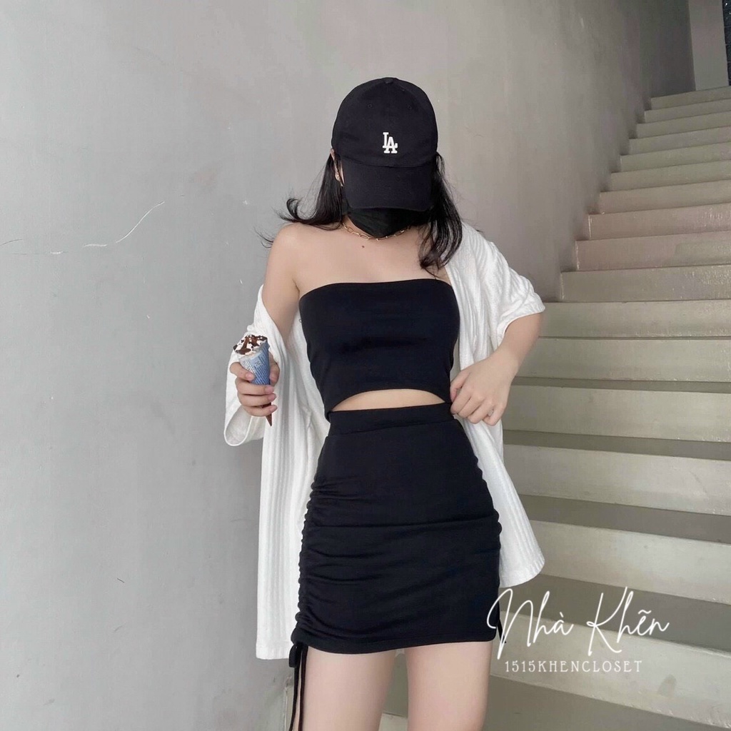 Set áo ống chân váy rút kèm áo khoác tay ngắn gân