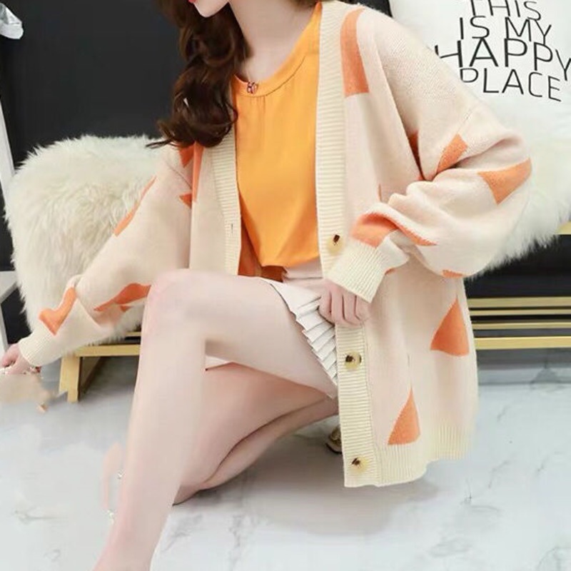 Áo Khoác Len Tay Dài Dáng Rộng Họa Tiết Caro Đính Kim Cương Giả Kiểu Retro Dễ Phối Đồ