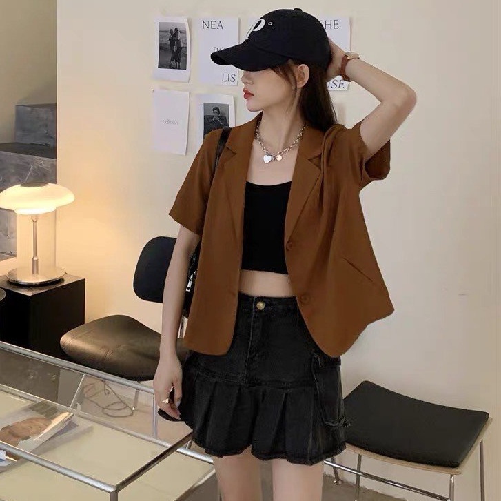 Áo blazer cộc tay croptop màu trơn 2 cúc, áo khoác vest dáng ngắn phong cách Hàn Quốc | BigBuy360 - bigbuy360.vn
