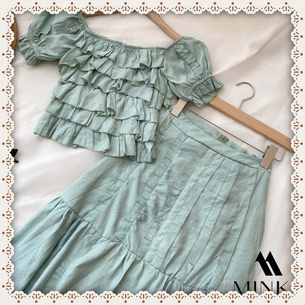 [HÀNG THIẾT KẾ] Set Áo Trễ Vai Tầng + Chân Váy Maxi - Chất Liệu Thô Tơ nhập khẩu - Màu Xanh Ngọc | BigBuy360 - bigbuy360.vn