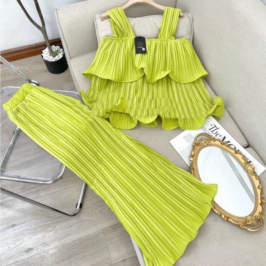 [ Miễn phí ship 2022 ] Set bộ lụa dập ly 2 tầng quần ống rộng, bộ nữ bánh bèo áo cánh tiên nhiều màu cực chanh xả