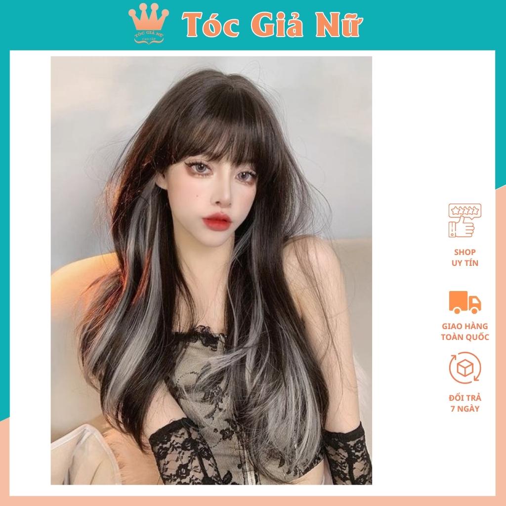 Tóc giả nữ nguyên đầu thẳng cúp dài màu đen phối line xám, tăng lưới trùm tóc.