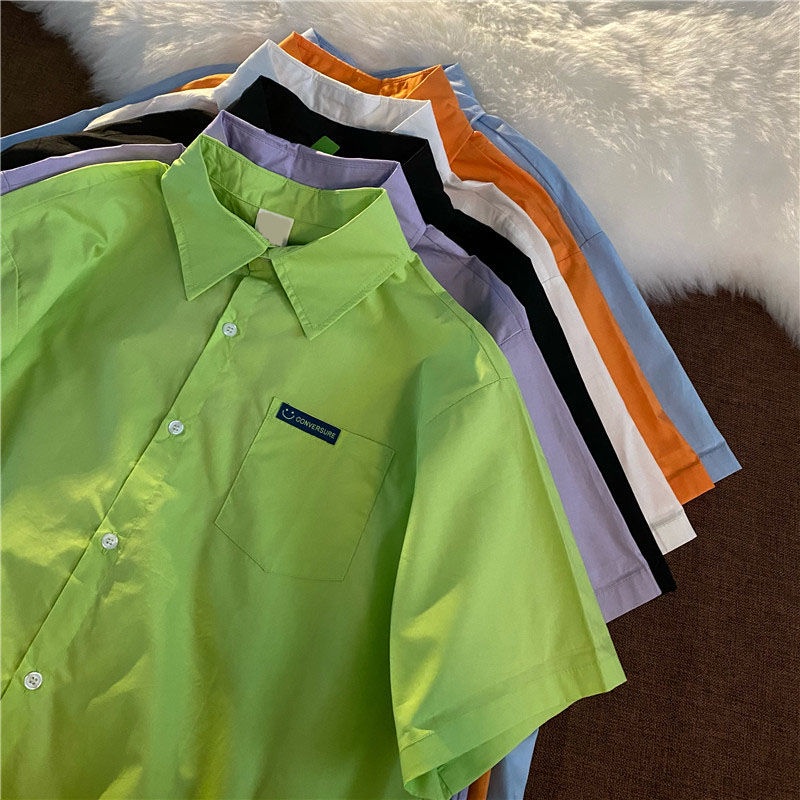 Áo sơ mi tay ngắn màu sắc retro phong cách Hàn Quốc cho nữ