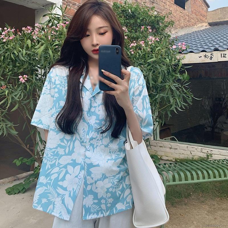Áo Sơ Mi Nữ Tay Ngắn Dáng Rộng In Hoa Phong Cách Hàn Quốc