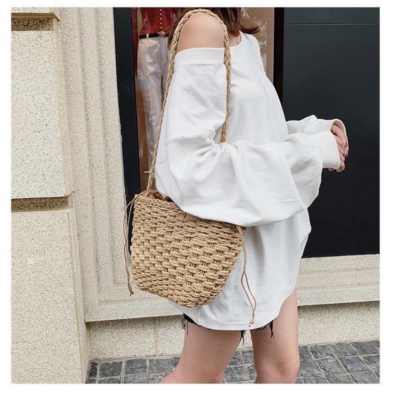Túi Cói Đi Biển Đeo Vai Vintage Phong Cách Hàn Quốc Siêu Xinh