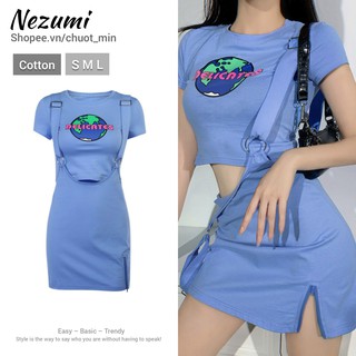 (Order_ảnh thật) Set bộ áo croptop + váy yếm 95% cotton xẻ đùi sexy xanh dương