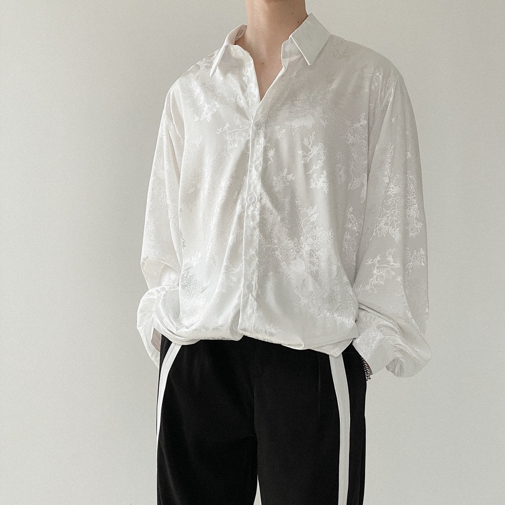 Áo sơ mi nam Brocade vải gấm trắng đen độc lạ Unisex