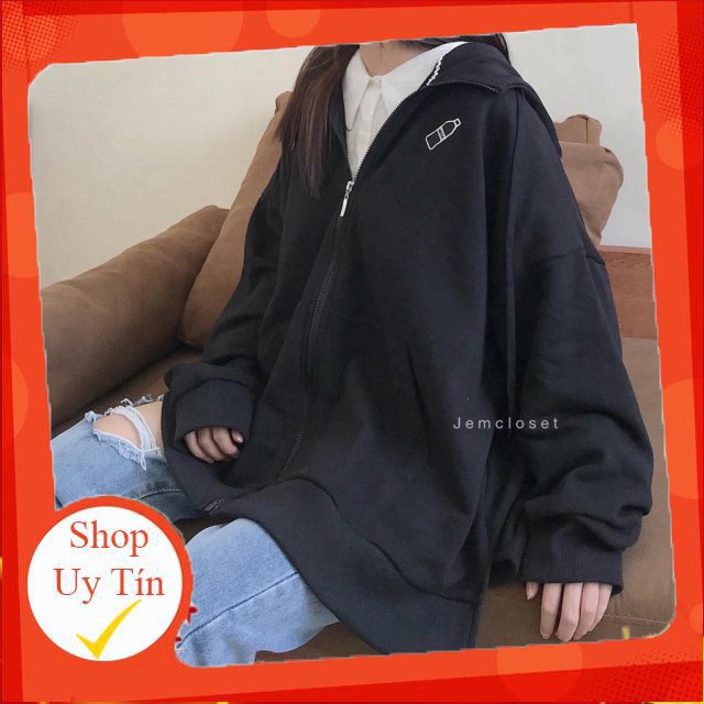 Áo khoác nỉ cái chai xẻ tà nữ - Hoodie khóa kéo in hình Icon form rộng oversize dáng suông tay dài ulzzang HOT -Hàng nhậ