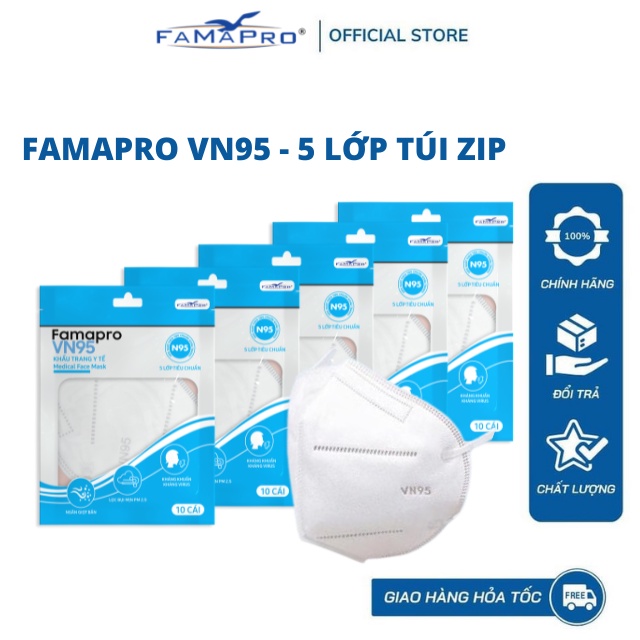 [PHIÊN BẢN MỚI -COMBO 5- VN95 5 LƠP - TÚI 10 CÁI] Khẩu trang y tế kháng khuẩn 5 lớp Famapro VN95