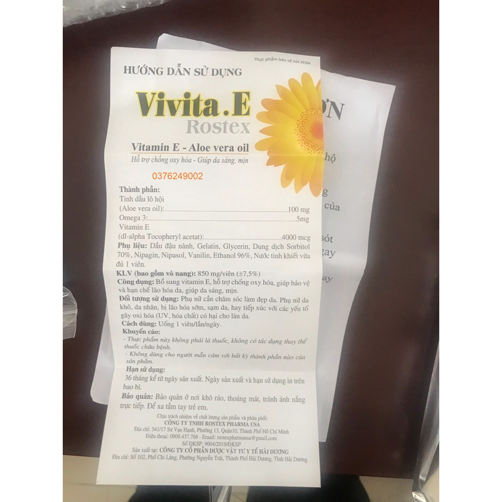 Viên uống Vivita. E bổ sung vitamin e cho da, (100mg) kèm tinh chất nha đam, đẹp da, sáng da mờ thâm hộp 30 viên