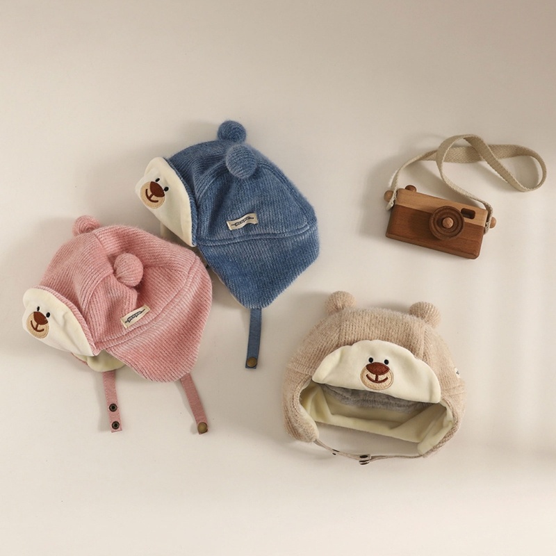 Mũ Beanie Tai Gấu Bằng Lông Cừu San Hô Dễ Thương Chống Gió Thời Trang Mùa Đông Cho Bé