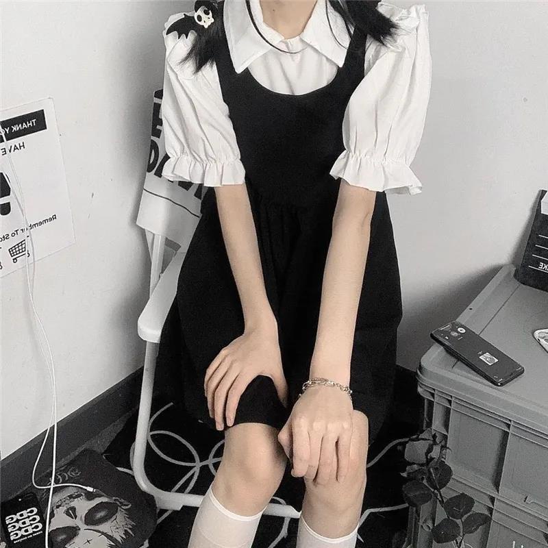 Váy Bé Gái | Mới Set Áo Sơ Mi Tay Ngắn Phồng + Chân Váy Chữ A Không Tay Phong Cách Retro 10-12 - 14-18 Tuổi