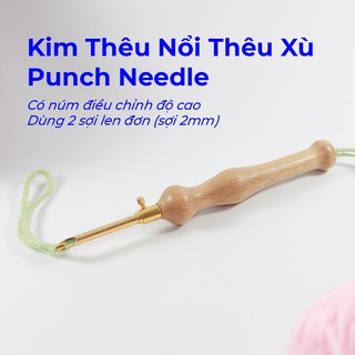 Kim Thêu Nổi Thêu Xù Punch Needle Dùng Len Đan Móc 1-2 sợi, Tay Cầm Gỗ, Có Núm Điều Chỉnh Độ Cao Tùy Ý