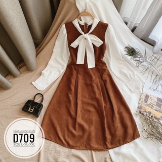 Bigsize Đầm nhung phối nơ cổ D709