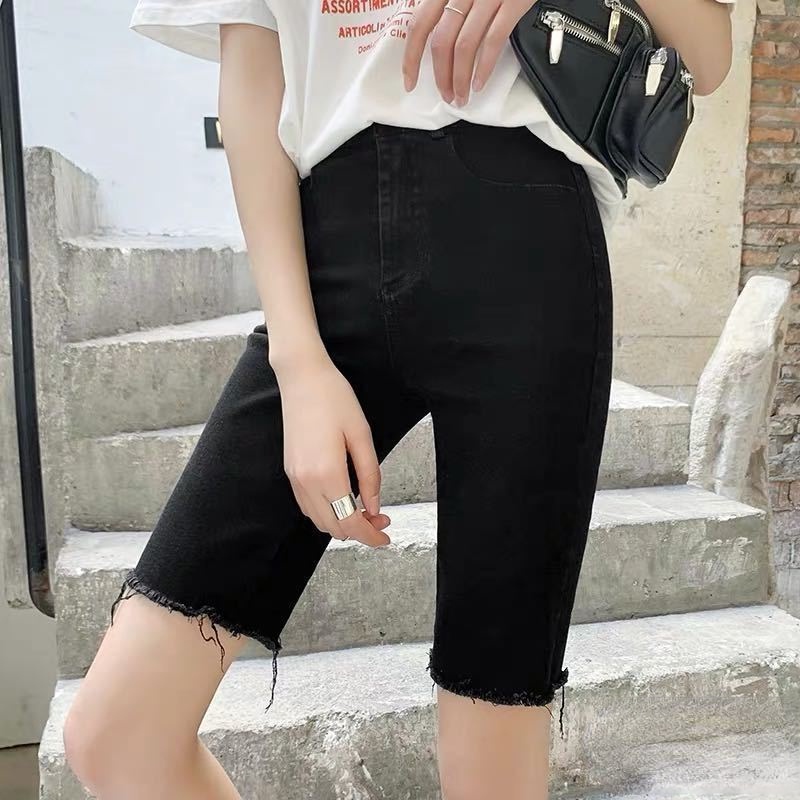 AMOI Quần Short Denim Màu Đen Lưng Cao Dáng Suông Rách Cá Tính Có Size Lớn Phong Cách Hàn Quốc Cho Nữ