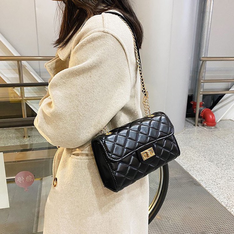 IELGY Túi Đeo Vai Màu Đen Họa Tiết Hình Thoi Phong Cách Hàn Quốc Thời Trang Cho Nữ