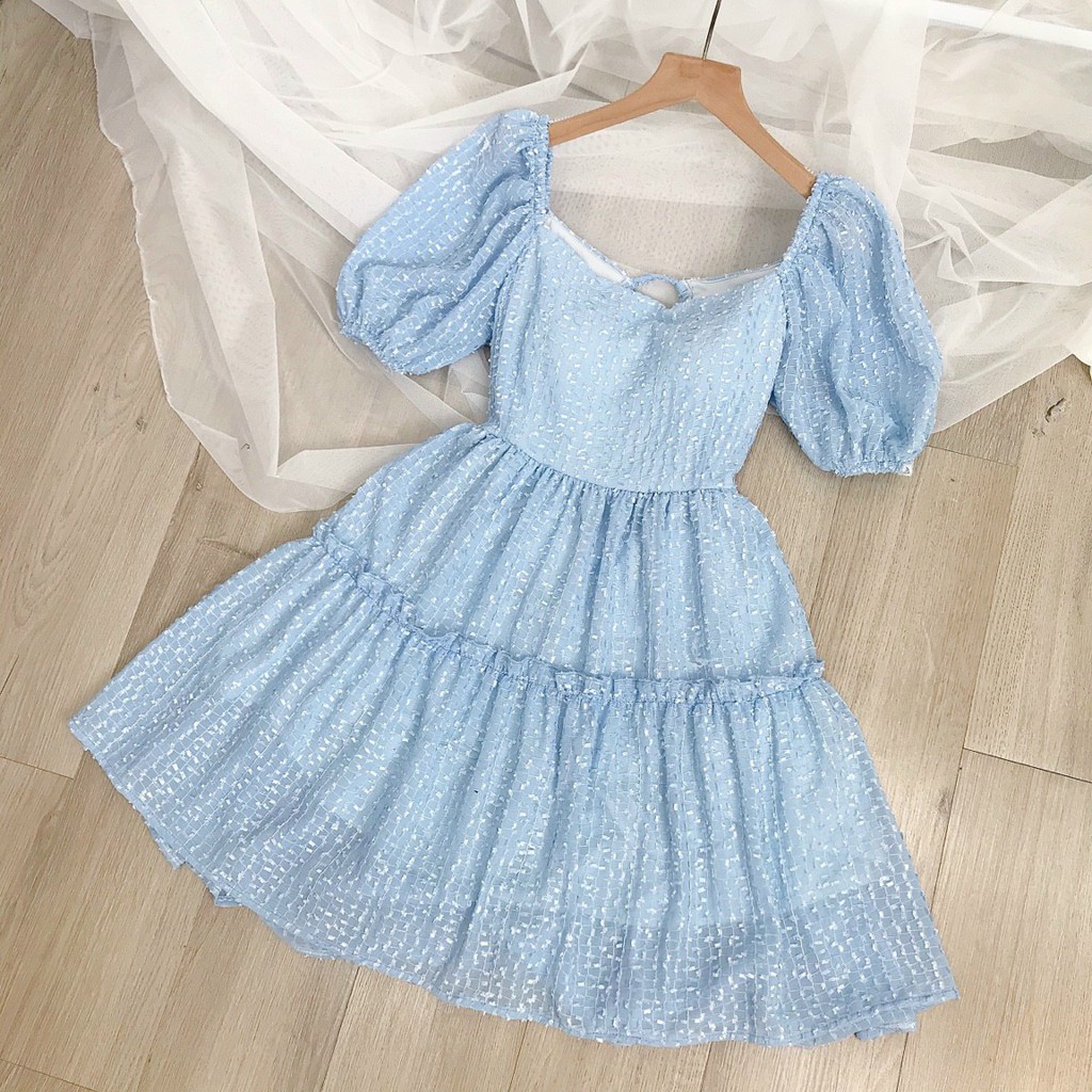 [Freeship+ Hoàn xu] Đầm xòe nhũ cột nơ sau tay phồng