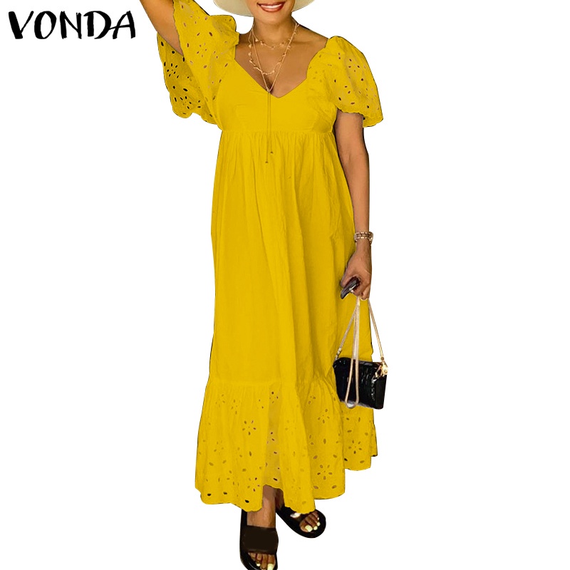 Đầm dài VONDA trơn may nối xếp ly cổ V sâu tay ngắn gợi cảm