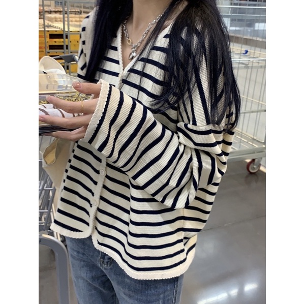 áo khoác cardigan cổ V viền ren dệt kim tay dài họa tiết kẻ sọc thời trang thanh lịch dành cho nữ hàng Quảng châu