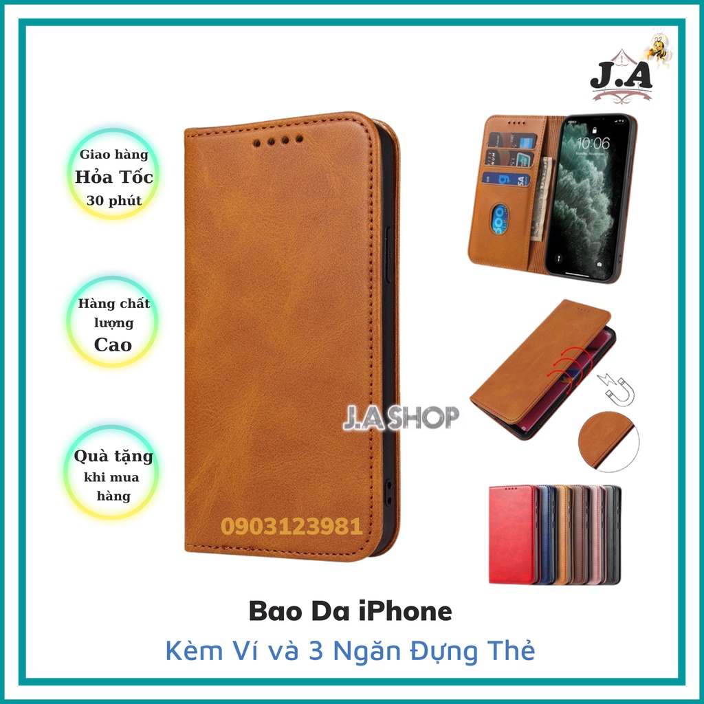 Bao Da cho iPhone Kèm Ví và 3 Ngăn Đựng Thẻ, Nắp Đậy Có Nam Châm Xịn Xò, Hàng Chất Lượng Cao, Bao Da Gập