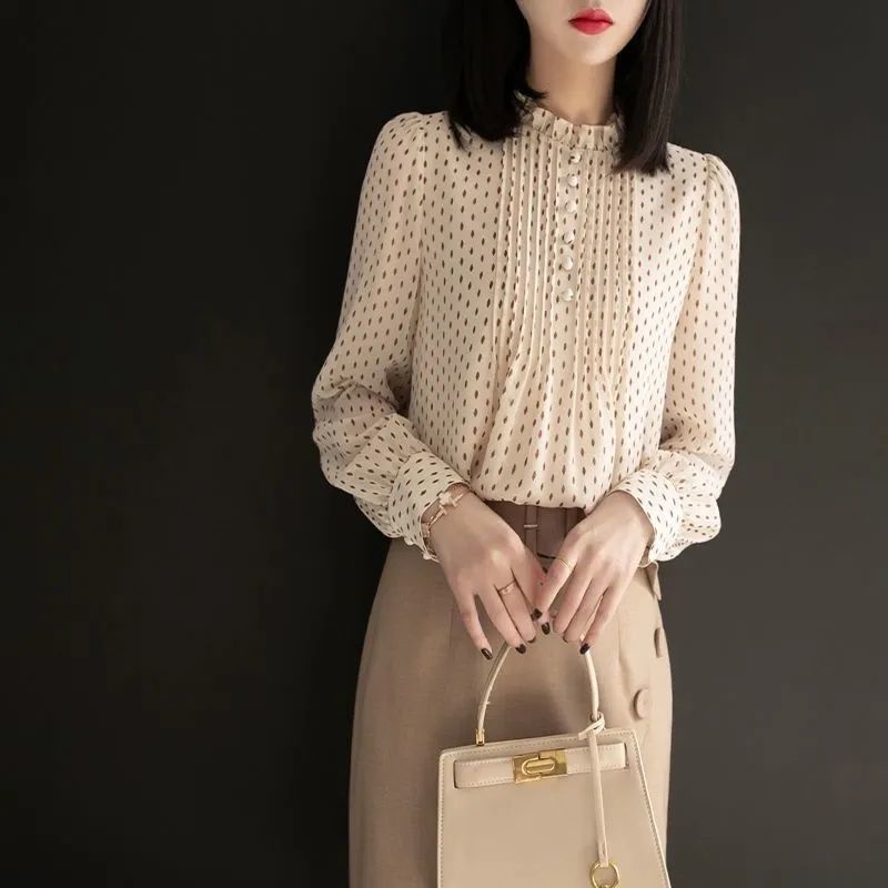 Áo Sơ Mi Chiffon Tay Dài Phồng Họa Tiết Chấm Bi Phong Cách Phương Tây Thời Trang Mùa Thu Mới Dành Cho Nữ