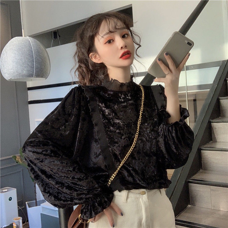 Áo sơ mi nhung tay dài cổ đứng phong cách Hàn Quốc cho nữ