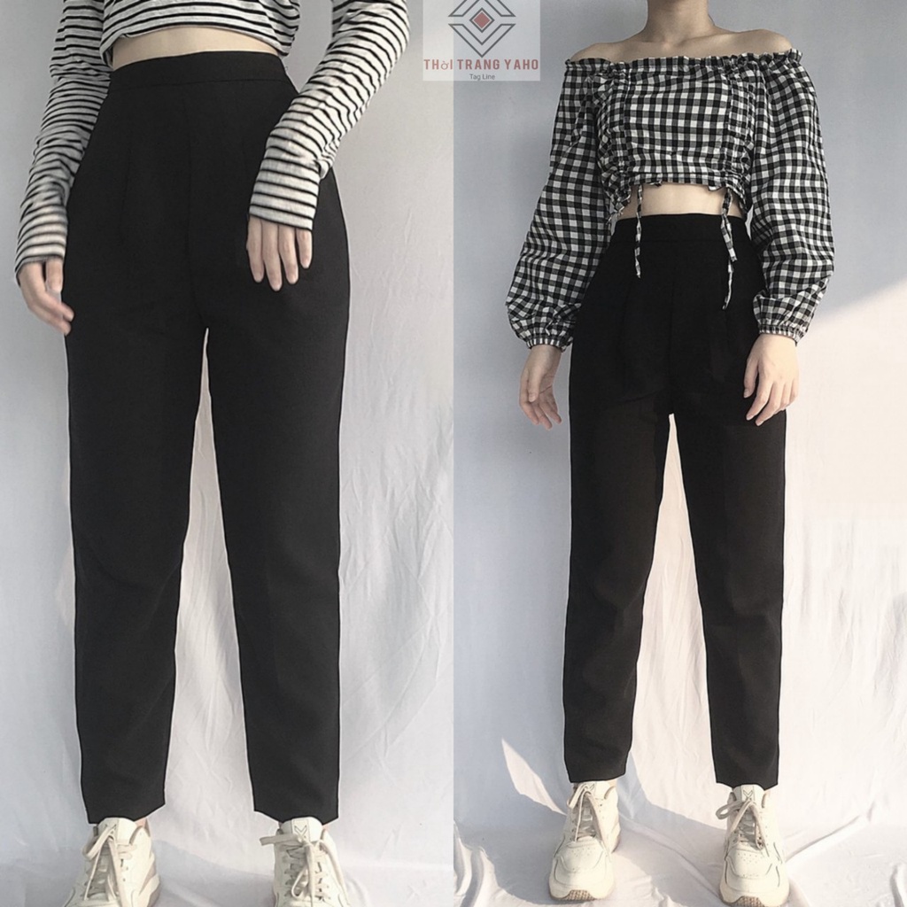 Quần tây baggy đi học nữ cạp lưng chun đen dáng dài ống đứng khóa sườn vải mềm - Quần baggy nữ lưng thun cạp cao công sở