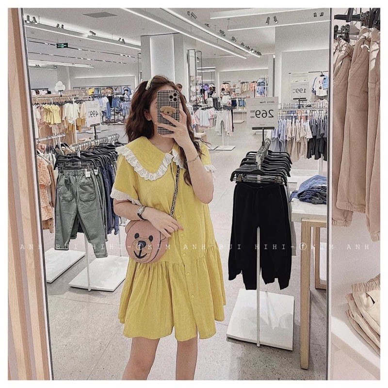 ⚡️CAMILLA⚡️Đầm vàng suông đuôi cá đũi tằm ko nhăn cổ viền ren