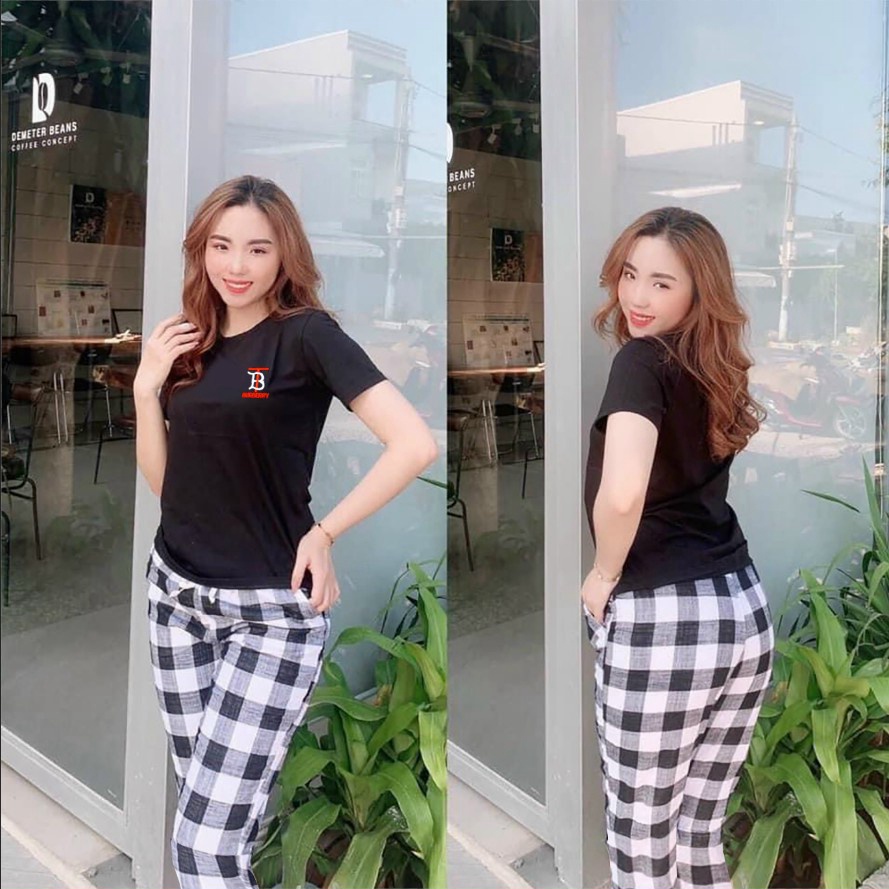 ĐỒ BỘ THUN THÊU CHỮ BT QUẦN PHỐI KẺ THỜI TRANG CHẤT THUN COTTON CO GIÃN