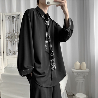 Áo sơ mi tay dài trang trí cà vạt có họa tiết 2 màu sắc tùy chọn thời trang đơn giản M-3XL