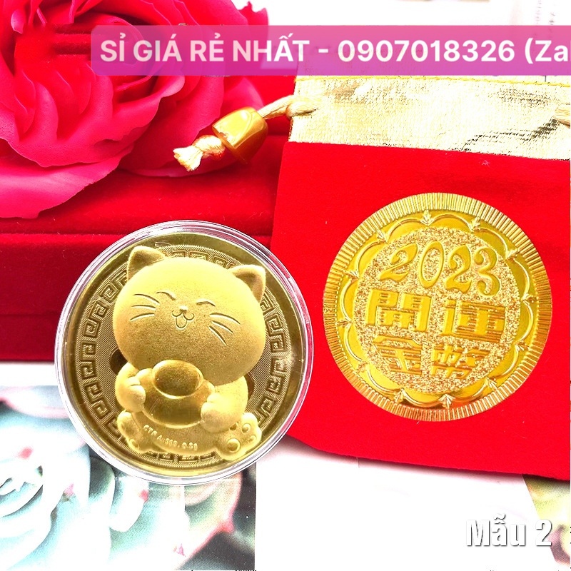 Combo 10 Xu con mèo vàng + túi gấm 2023 làm quà tặng, đồng nghiệp khách hàng Tết Quý Mão - Mẫu 2
