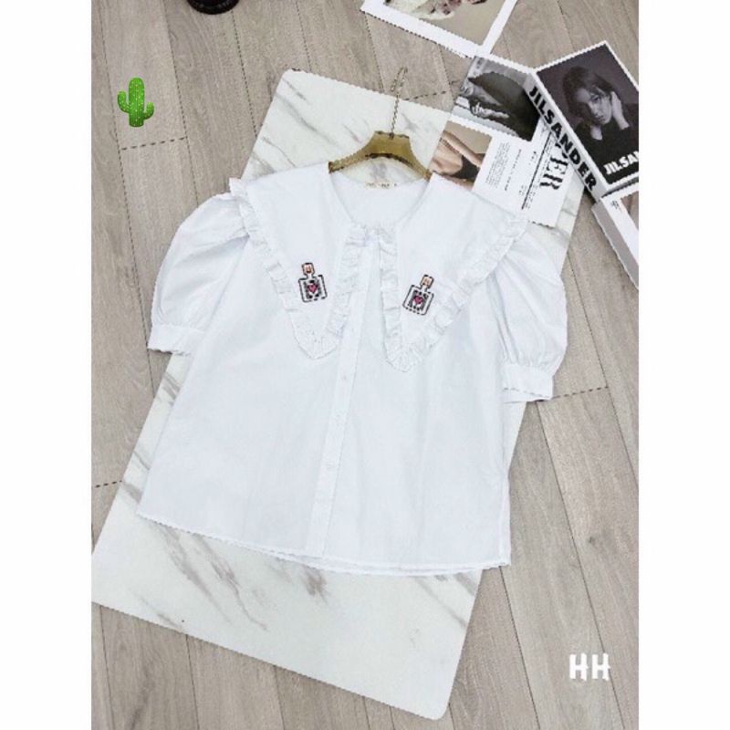 Áo babydoll tay ngắn phồng viền bèo thêu tim siêu cưng (B.C
