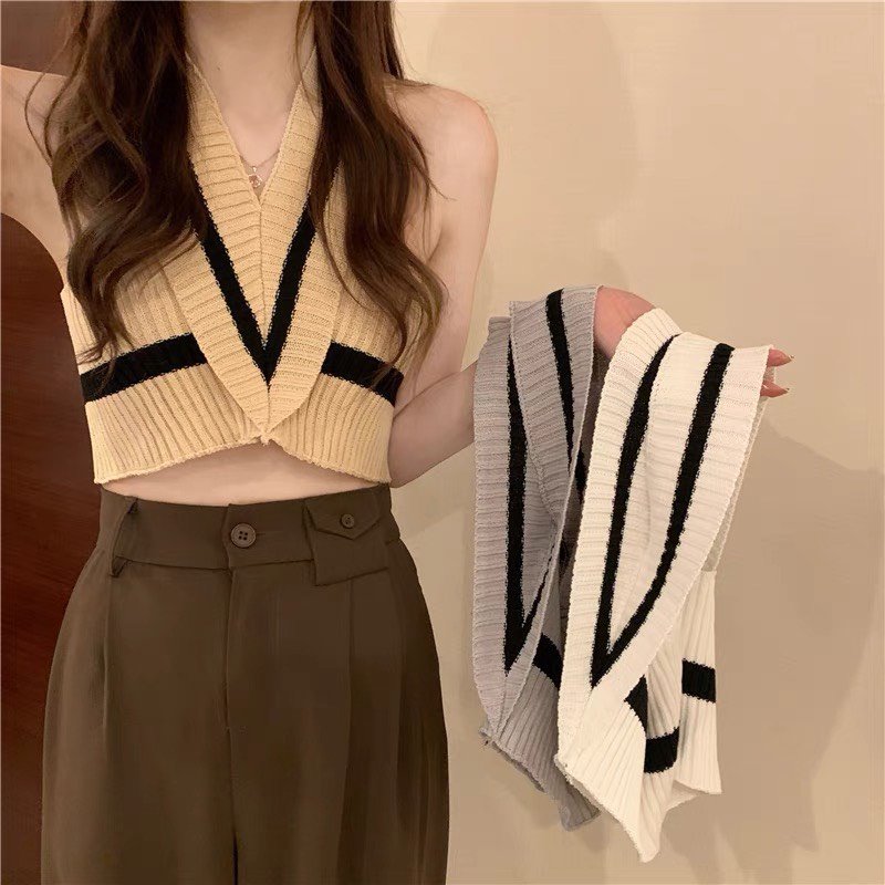 NEW || Áo croptop len cổ V chéo lưng mặc 2 kiểu nhiều màu phogn cách Hàn siêu xinh trendy