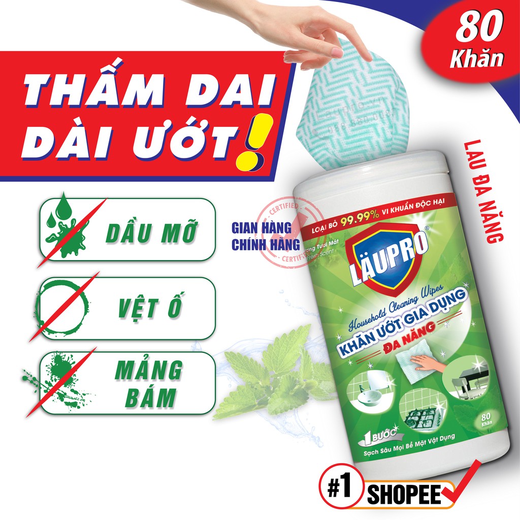 Khăn Ướt Läupro Lau Vật Dụng ĐA NĂNG | Loại Cặn Bẩn Dầu Mỡ Nấm Mốc | CHỨA CỒN | KHÁNG KHUẨN | Laupro