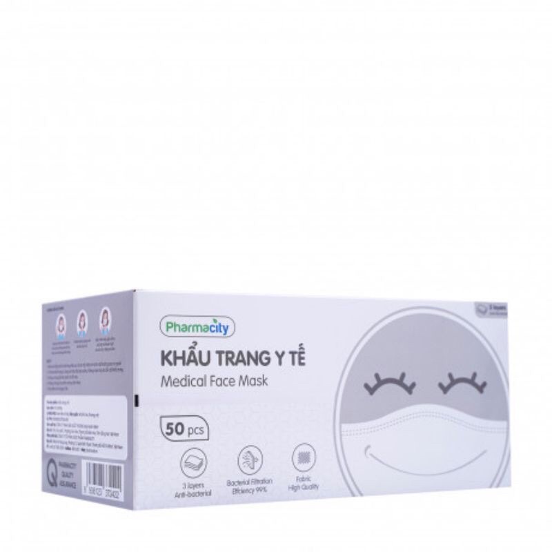 50 khẩu trang Pharmacity, 3 màu xanh, trắng, xám than hoạt
