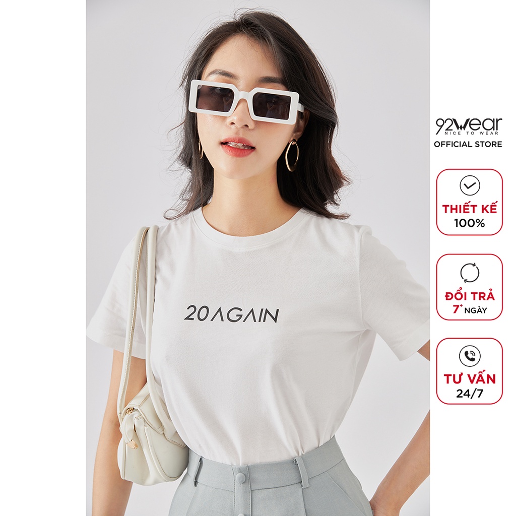 Áo thun nữ cotton co giãn 92WEAR form rộng ngắn tay cổ tròn in chữ ATA2068