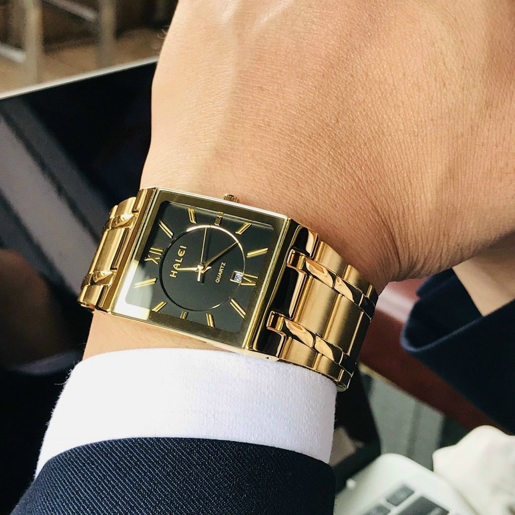 Đồng hồ đeo tay nam, đồng hồ chính hãng HALEI mặt chữ nhật, nam tính, phong cách doanh nhân, không thấm nước