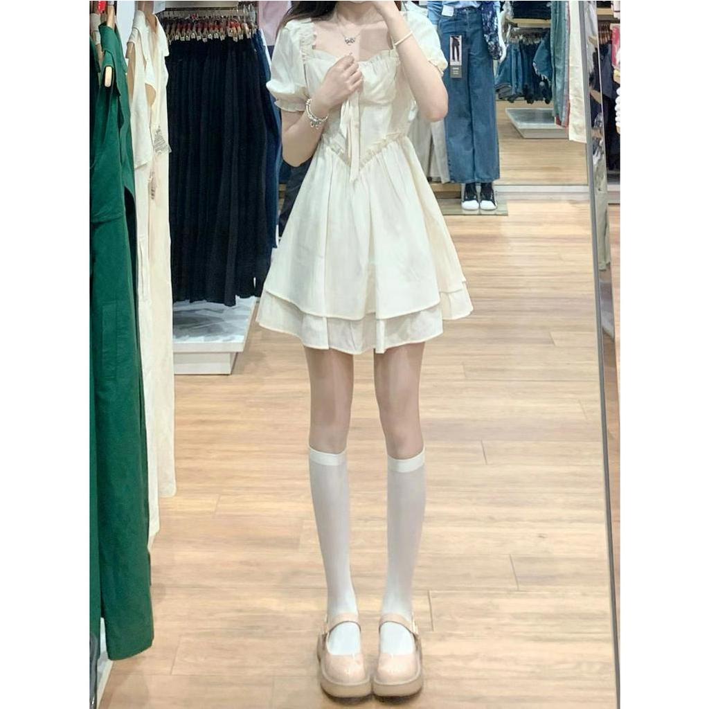 Xiaozhainv Đầm Tay Phồng Cổ Vuông Thiết Kế Ngọt Ngào Phong Cách Pháp Cho Nữ