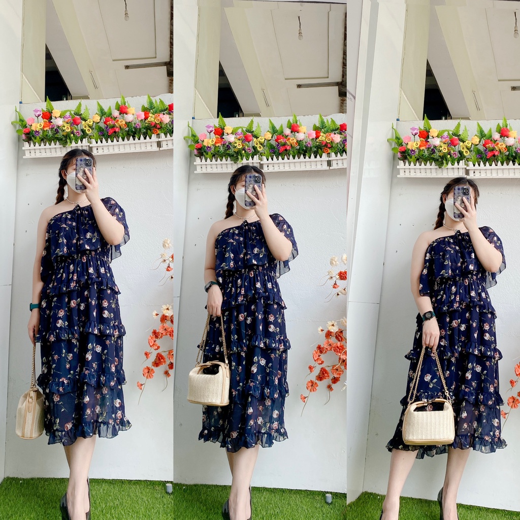 Đầm voan maxi trễ vai Bigsize 50-70kg. Hình thật Bụ Bẫm shop