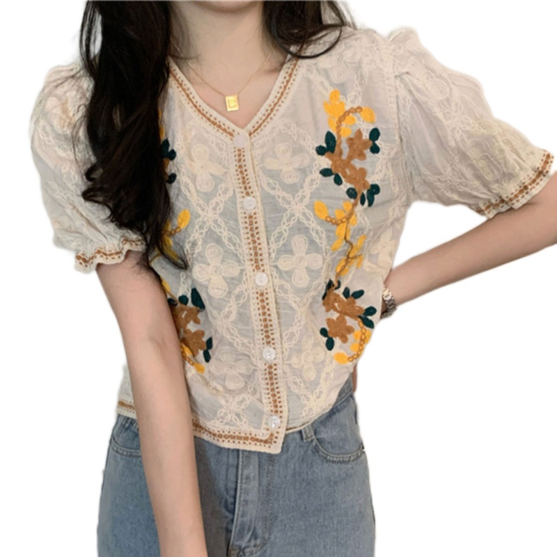 Áo Lửng Ngắn Tay Thêu Hoa Cài Nút Thời Trang Nữ Tính