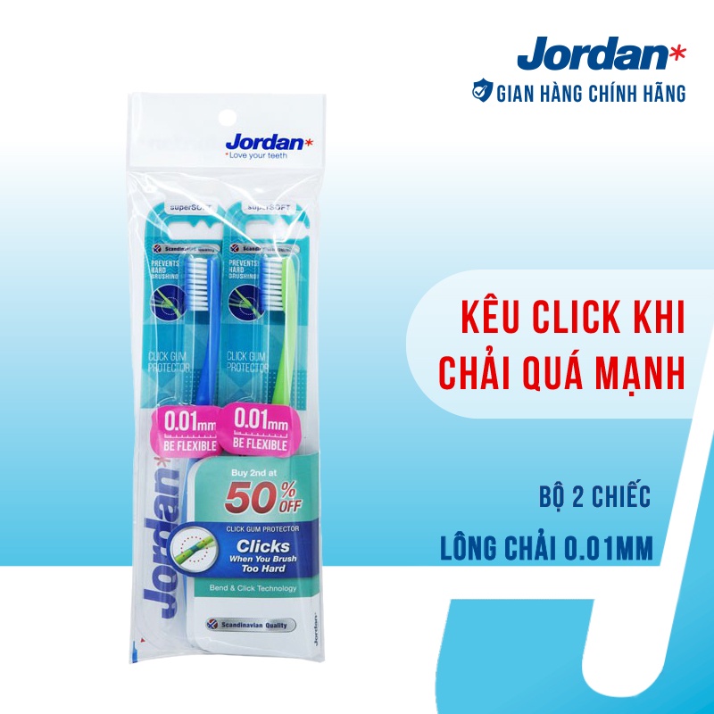 Bộ 2 bàn chải đánh răng Jordan Click Gum Protector, Lông siêu mềm mỏng 0.01mm