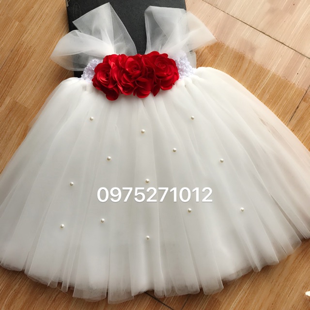 Váy tutu cho bé ❤️FREESHIP❤️ Váy tutu trắng hoa hồng đỏ đính đá cho bé gái